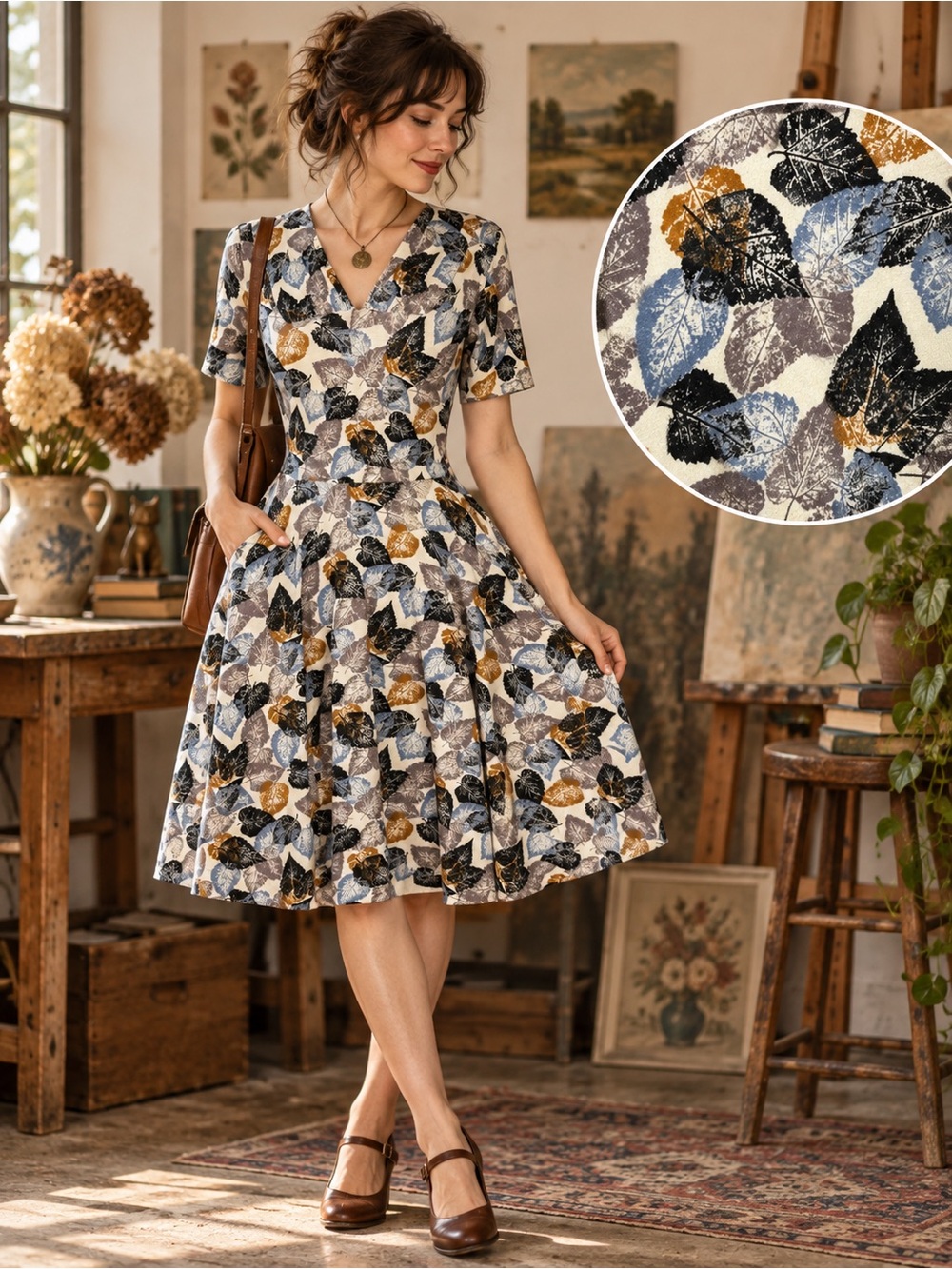 Effie’s Heart Fall Leaf Print Fit & Flare Dress Medium Retro Boho Cottagecore